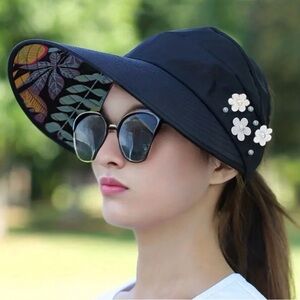 Womens Fashion Navy Blue Floral Embellished Wide Brim Sun Visor Foldable Hat